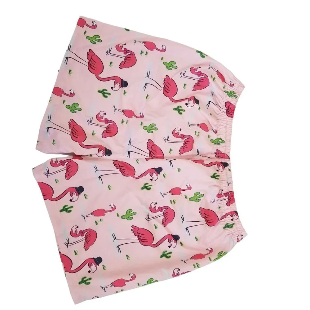NEW SHEIN Men Flamingo Print Drawstring‎ Waist Swim Trunks SIze L Color Pink